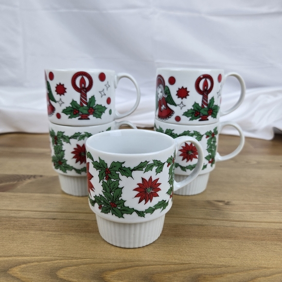 Vintage 1970s Trimont Ware Japan Stacking Mugs Cups Christmas Holiday Set of 5 - Picture 5 of 11